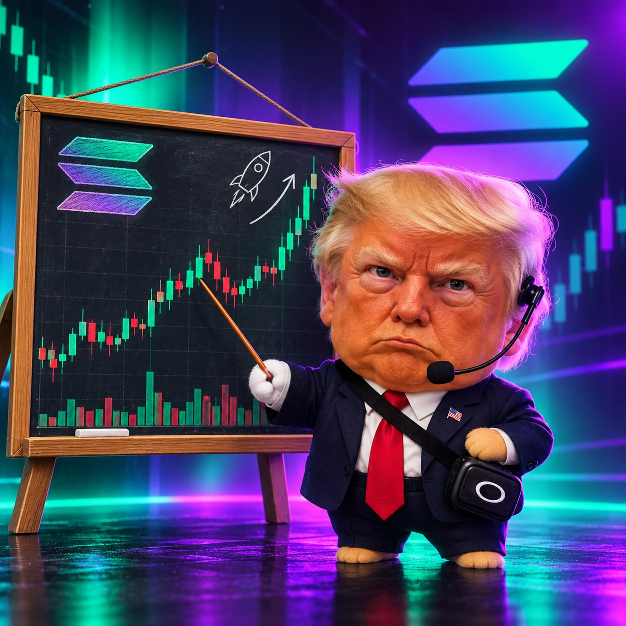 Stylized plush market boss with a trading chalkboard in a neon Solana trading room